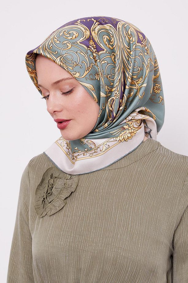 Mint Yeşili Varak Desenli Twill İpek Eşarp - 1