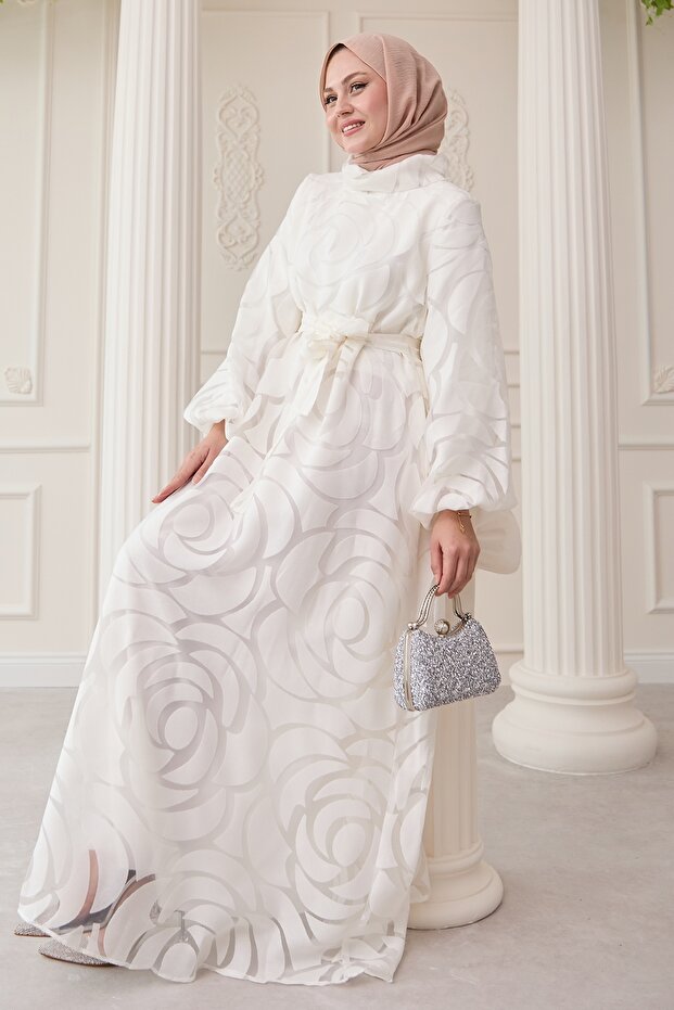 Tulle Balloon Sleeve White Dress