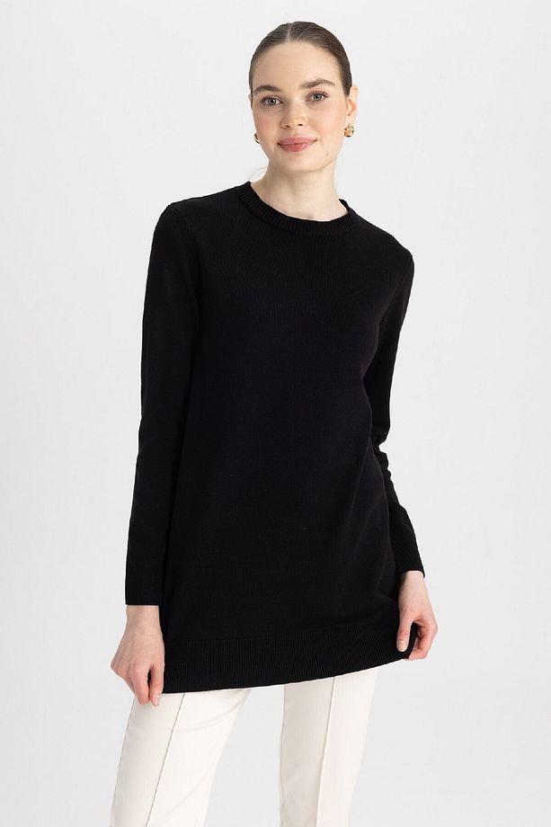 Regular Fit Bisiklet Yaka Yırtmaçlı Basic Düz Triko Kazak Tunik H3431az23wn - 5