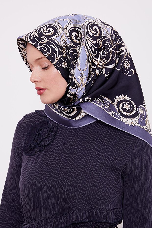 Kot Mavi Varak Desenli Twill İpek Eşarp - 1