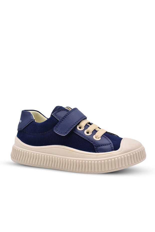 Brooklyn Leather Detailed Girl's and Boy's Navy Blue Anatomical Linen Shoes