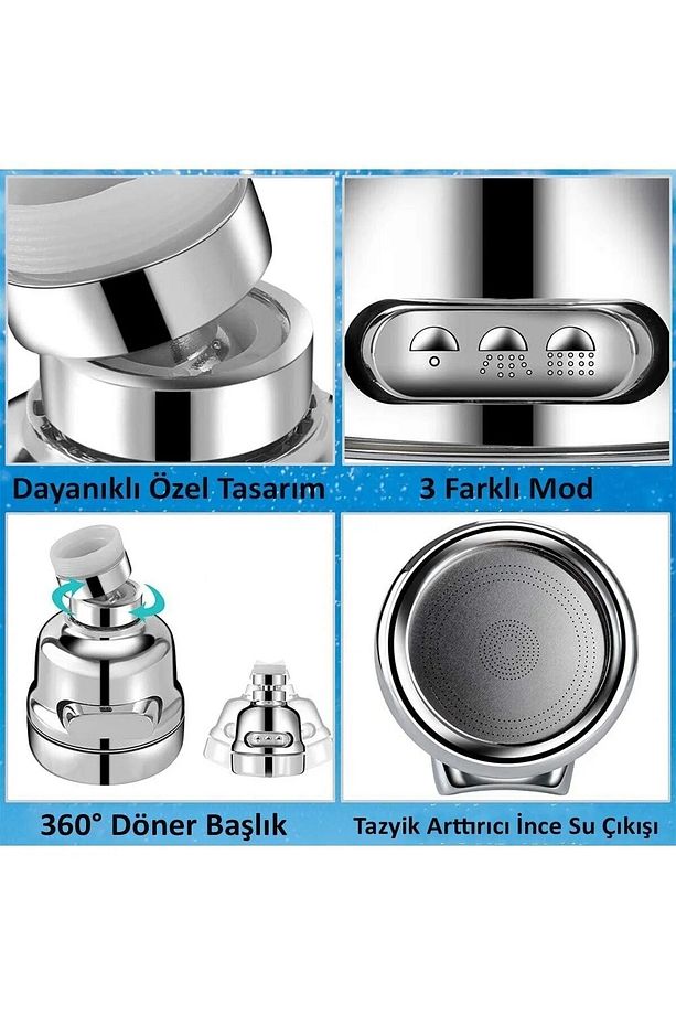 İthal 1. Kalite Krom 3 Fonksiyonlu Mutfak Lavabo Başlığı 360 Derece Döner Esnek Musluk Ucu - 2