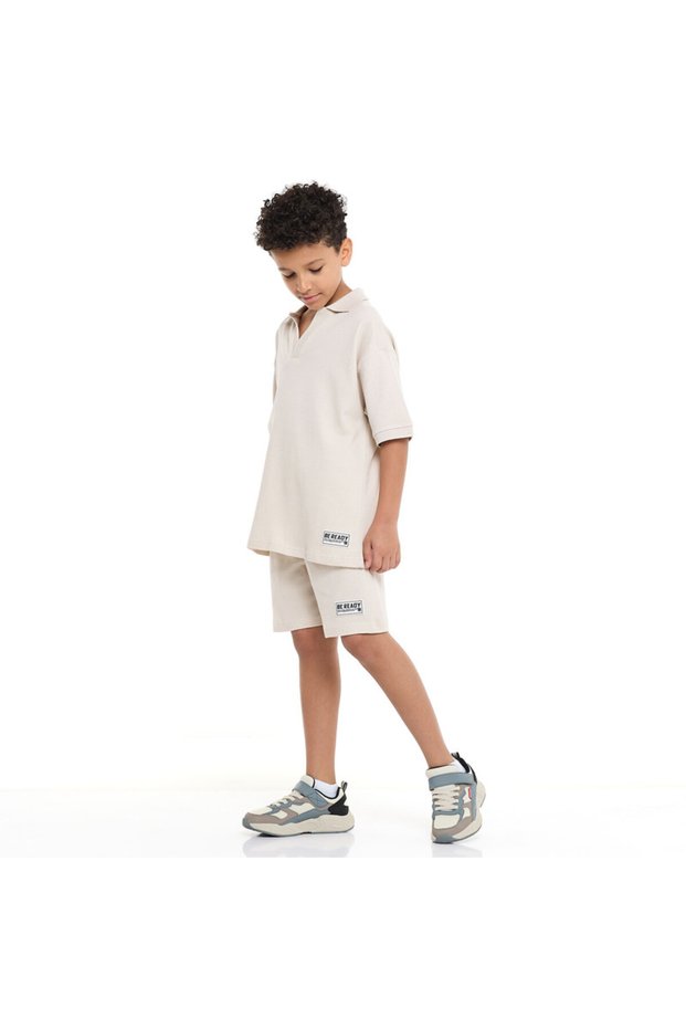 Boys' Jacquard Set – Beige 2-Piece Outfit with Pockets, Polo T-Shirt and Shorts