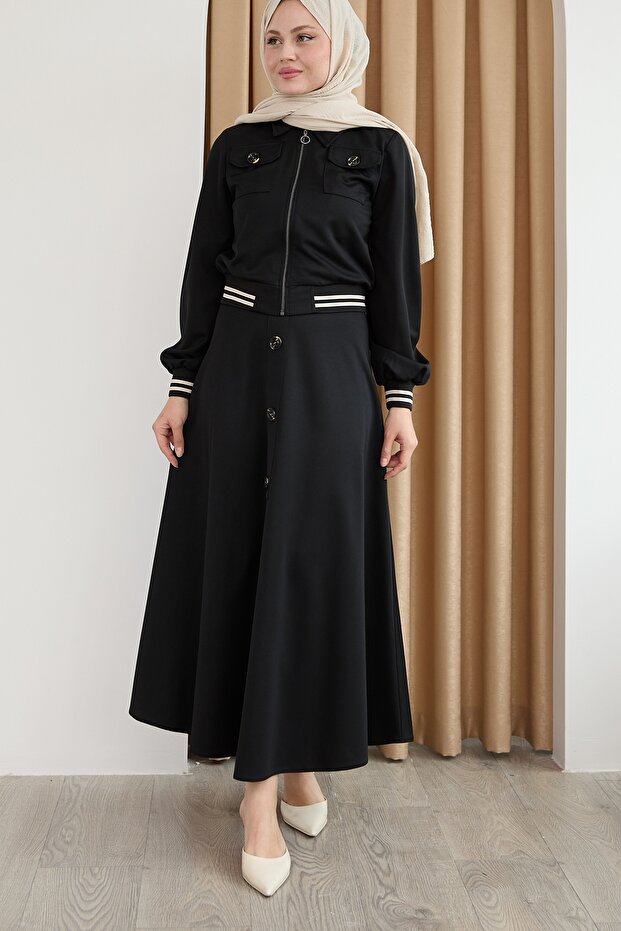 Ribbed Buttoned Black Double Suit - 4