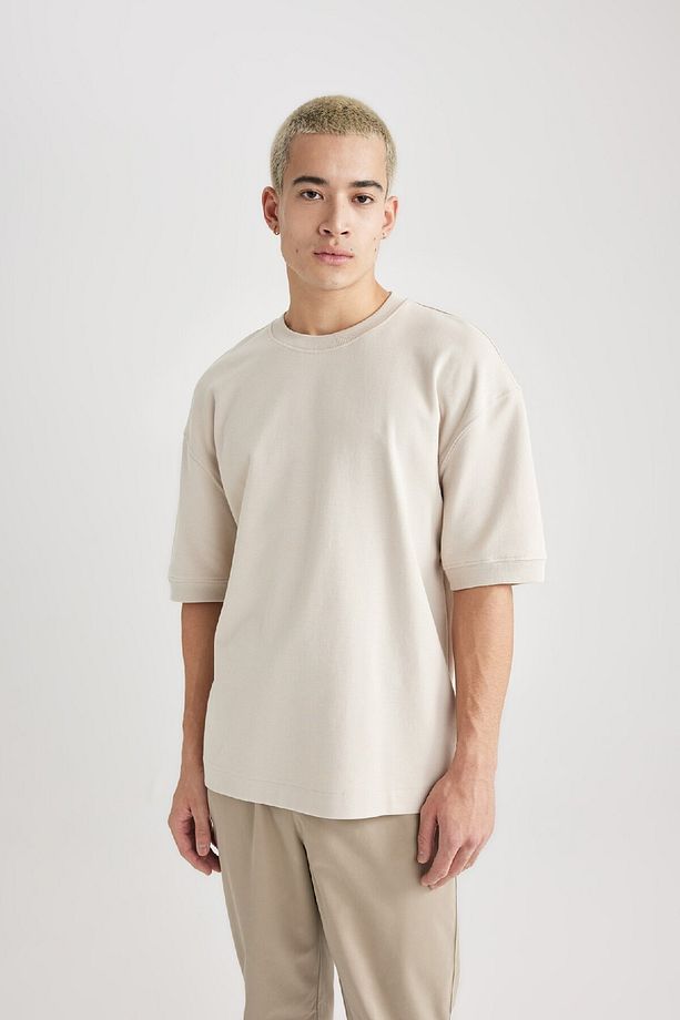 Loose Fit Bisiklet Yaka Kısa Kollu Ağır Kumaş Basic Düz Tişört B4844ax24sp - 3