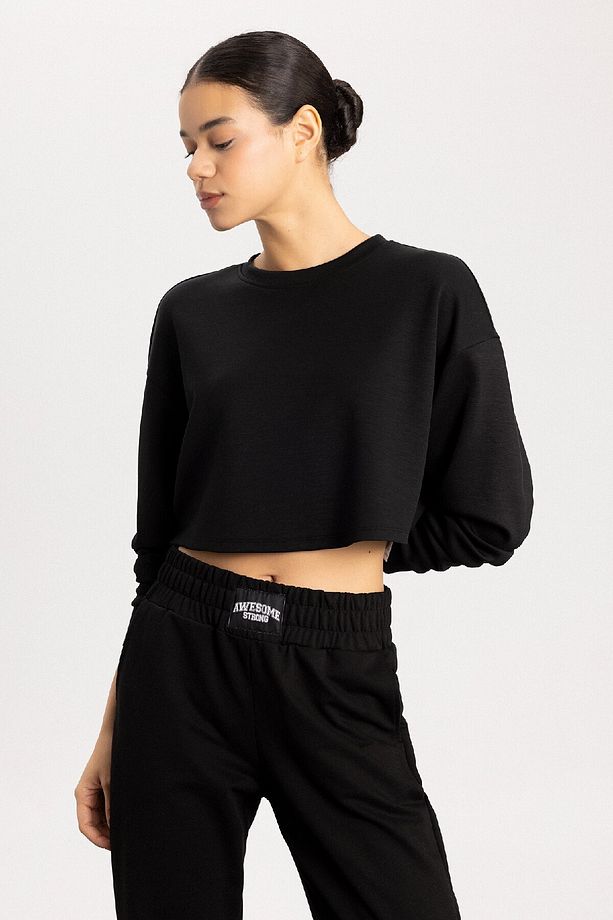 DeFactoFit Crop Bisiklet Yaka Basic Düz Sporcu Sweatshirt B4222AX24SP - 3