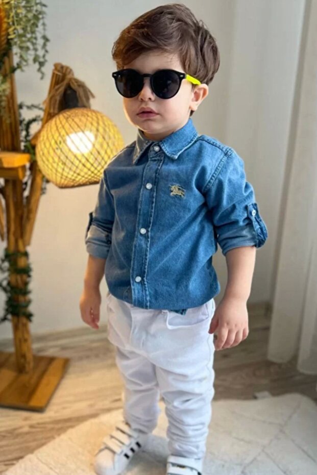 Boy's Denim Shirt White Pants Suit