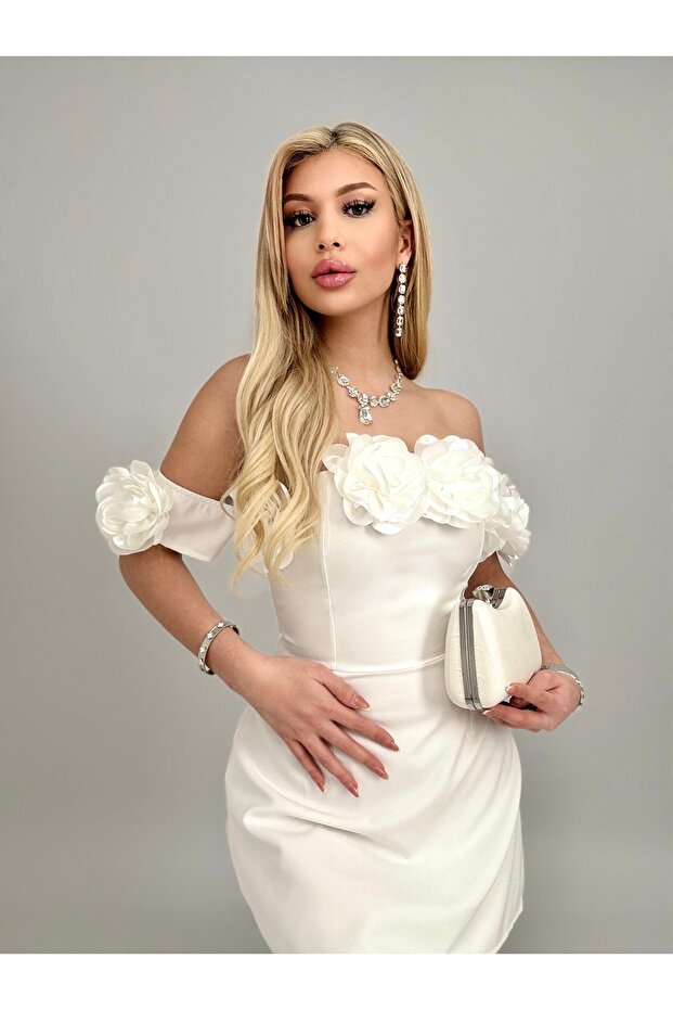 Ροζ Λεπτομερές Στράπλες Φόρεμα - 7