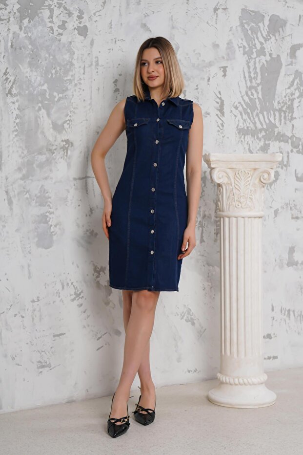 Önü Düğmeli Kot Elbise - 1