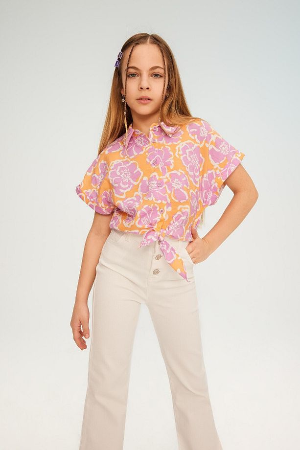 Kız Çocuk Crop Kısa Kollu Desenli Gömlek B5064a824sm - 3