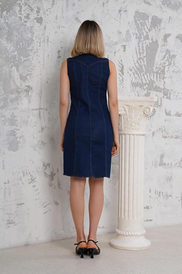 Önü Düğmeli Kot Elbise - 3