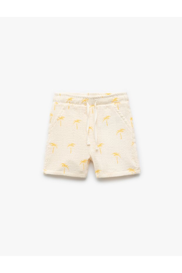 Palm Printed Cotton Muslin Shorts with Lace-Up Waist