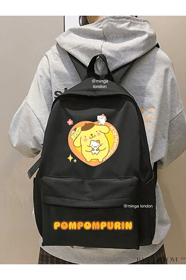 حقيبة ظهر مدرسية مطبوعة على شكل قلب أصفر من Pompompurin، غرفة الدراسة، حقيبة ظهر للدورة مع جيب أمامي -Minga London