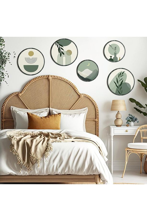 Dekoratif Çiçeçekler Mdf 5 Parça Çerçeve Görünümlü Daire Tablo Set - 2
