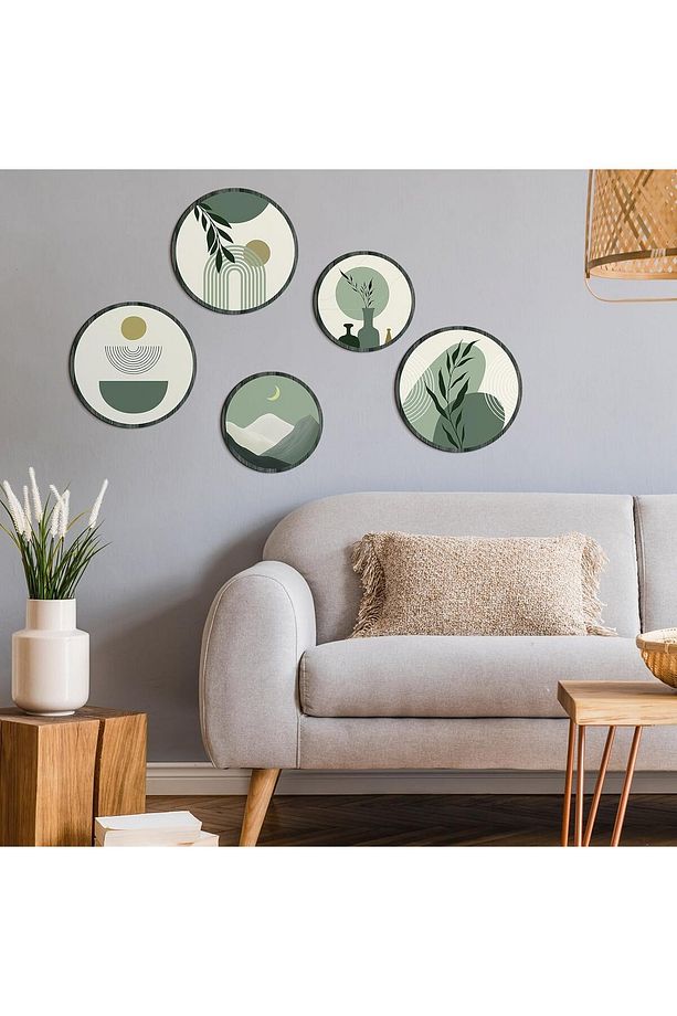 Dekoratif Çiçeçekler Mdf 5 Parça Çerçeve Görünümlü Daire Tablo Set - 3