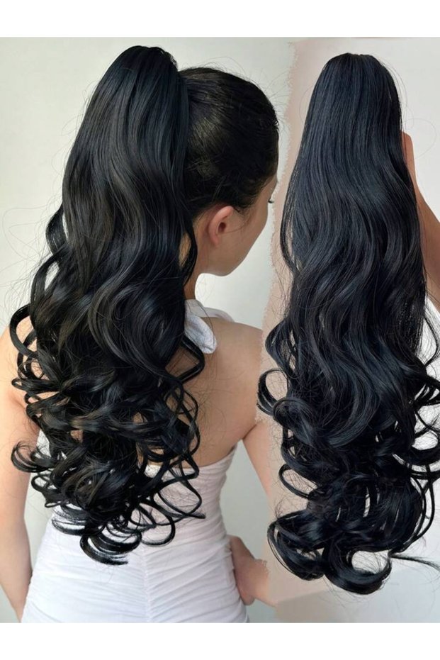 Black Natural Wavy Clip in Ponytail Hairpiece Hair - Real Hair Texture