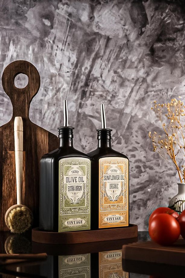 500ml Ahşap Stantlı New Premium Zeytinyağı Ve Ayçiçek Yağı Şişesi Yeşil Sarı - 4