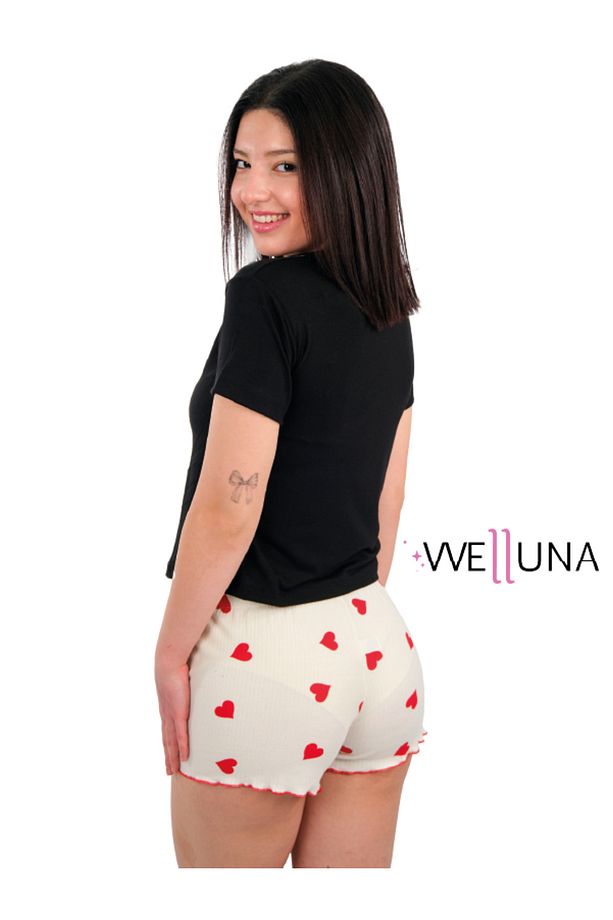 Kısa Kollu Kalp Baskılı Şortlu Kadın Pijama Takımı- Şort Tshirt Pijama- Yazlık Pijama - 7