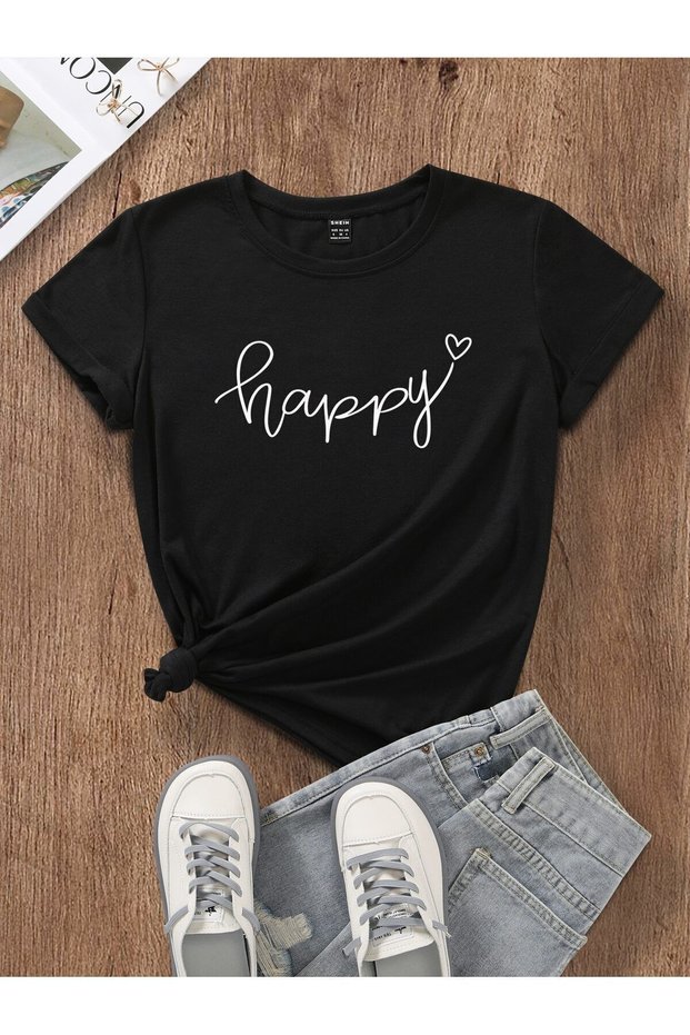 Happy Minimal Heart T-Shirt - Black Printed Oversize Crew Neck Short Sleeve Loose Fit
