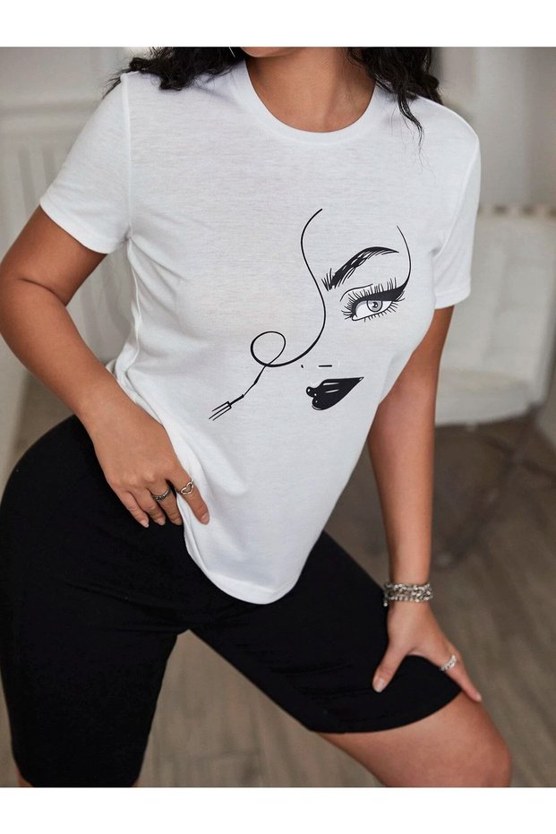 Women's Silhouette Figure T-shirt -white, Printed, Crew Neck, Printed, Short Sleeve, Boyfriend, Loose