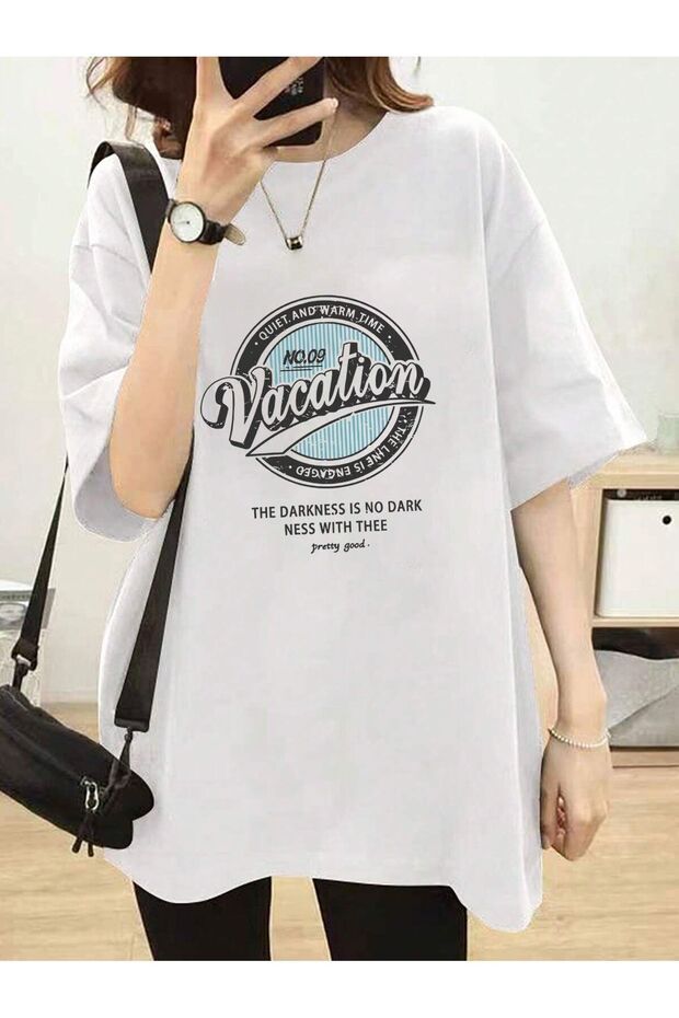 Vacation No 09 Help T-Shirt - White Printed Oversize Crew Neck Short Sleeve Loose