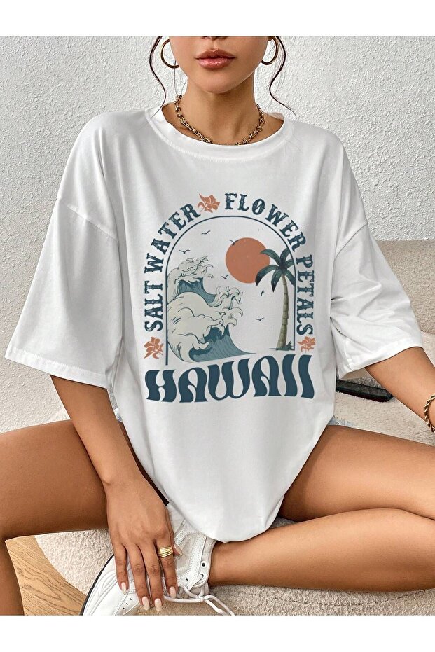 Hawaiian Flower T-Shirt - White Printed Oversize Crew Neck Short Sleeve Loose