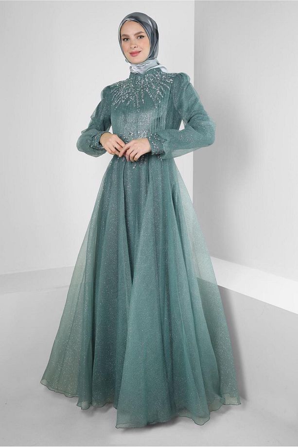 TAŞ İŞLEMELİ SİMLİ ORGANZE ABİYE ELBİSE 50375 - 1