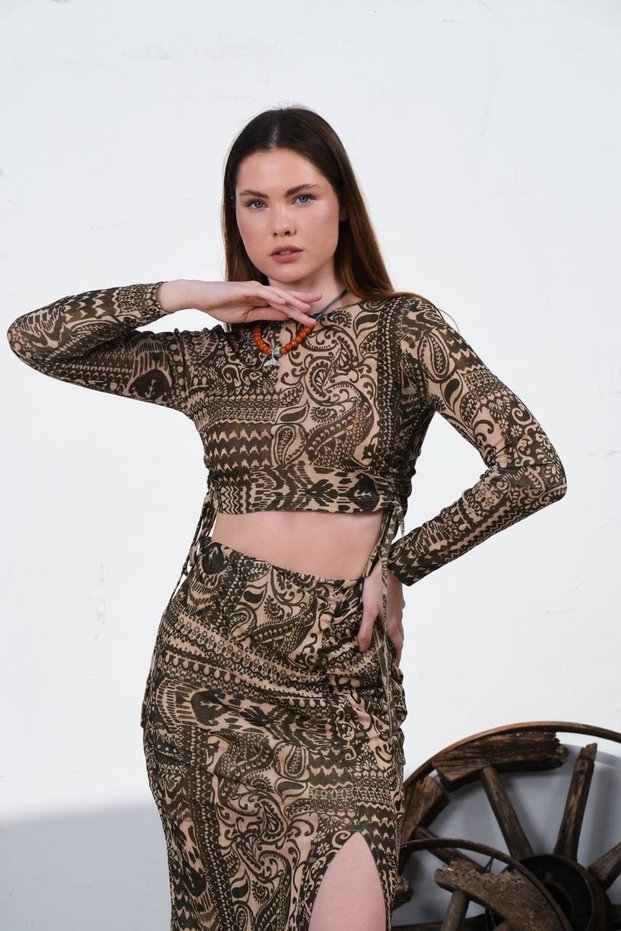 Women's Green Ethnic Patterned Slit Midi Skirt