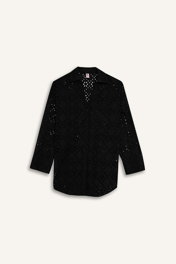 Regular Fit Pamuklu Delik Işlemeli Siyah Plaj Gömleği-fall In Love C0506ax24sm - 1