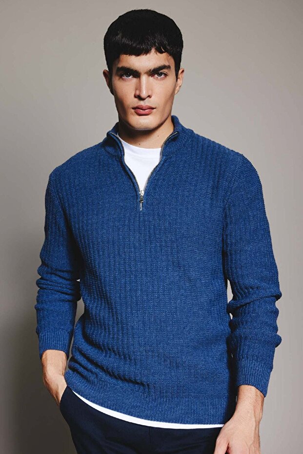 Standard Fit Regular Cut Stand Collar Half Zipper Knitwear Sweater B9286Ax23Wn