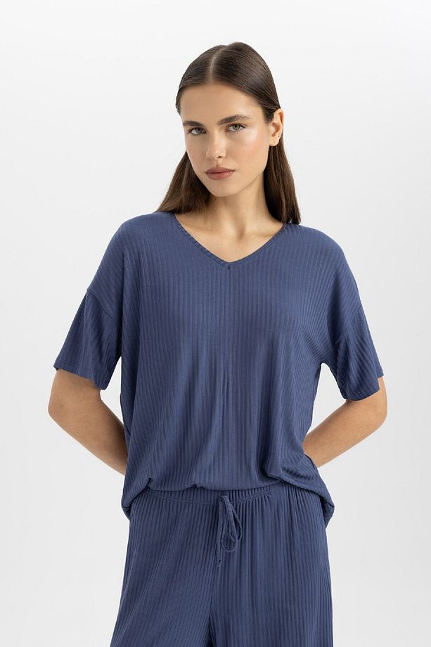 Regular Fit V Yaka Kısa Kollu Casual Pijama Üstü-fall In Love B6181ax24sp - 3