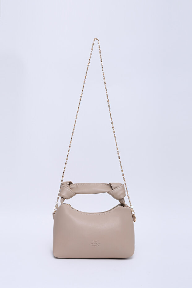 Mink Shk24 Soft Leather Knot Detailed Chain Strap Hand and Shoulder Bag L:14 W:22 W:8 Cm