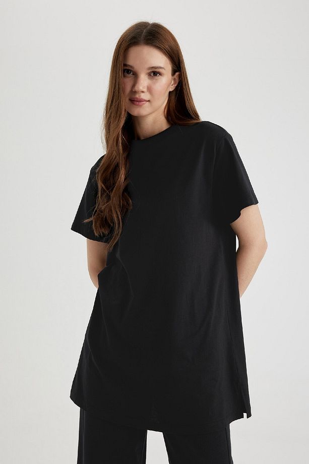 Regular Fit Bisiklet Yaka Basic Düz Kısa Kollu Siyah Tunik Tişört A8351ax24sp - 4
