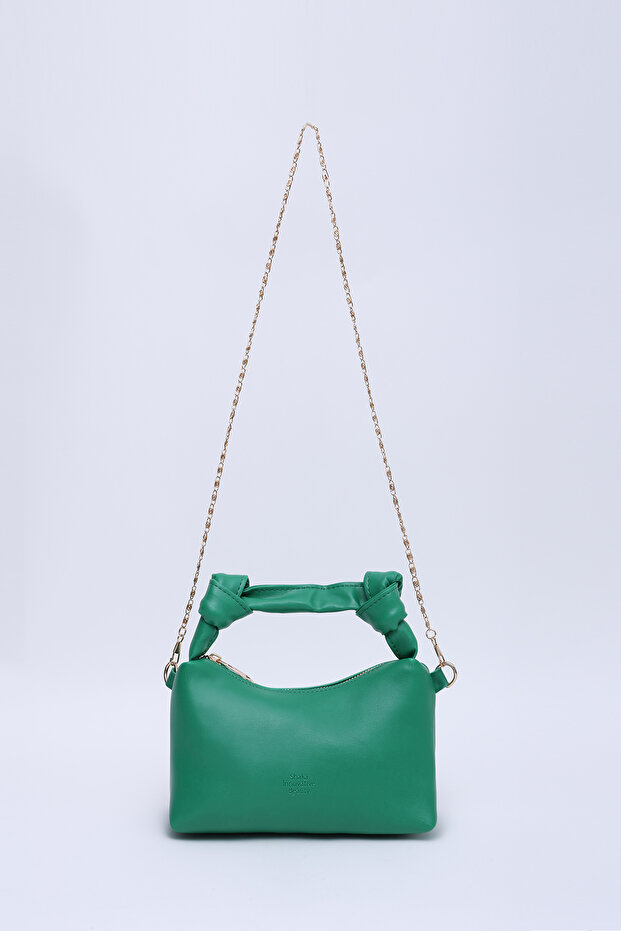 Grass Green Shk24 Soft Leather Knot Detailed Chain Strap Hand and Shoulder Bag L:14 E:22 W:8 Cm