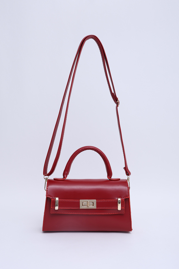 Red Shk188 Faux Leather Single Compartment Lock Detailed Strap Hand, Arm and Shoulder Bag