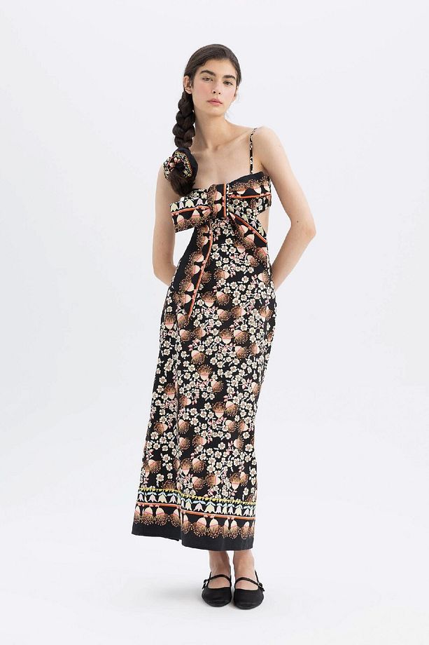 Lug Von Siga x DeFacto Bodycon Desenli Askılı Poplin Midi Elbise C1297AX24SM - 4