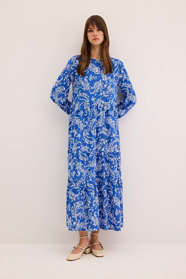 Crew Neck Patterned Long Sleeve Maxi Hijab Dress A2354Ax24Sp
