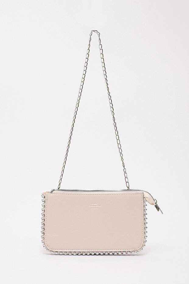 Cream Shk182 Faux Leather 3 Compartment Bead Detailed Zippered Chain Strap Hand, Arm and Shoulder Bag