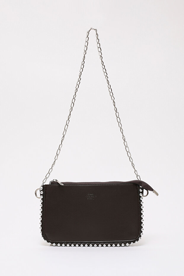 Brown Color Shk125 Faux Leather Bead Detailed Zippered Single Compartment Chain Strap Shoulder Bag