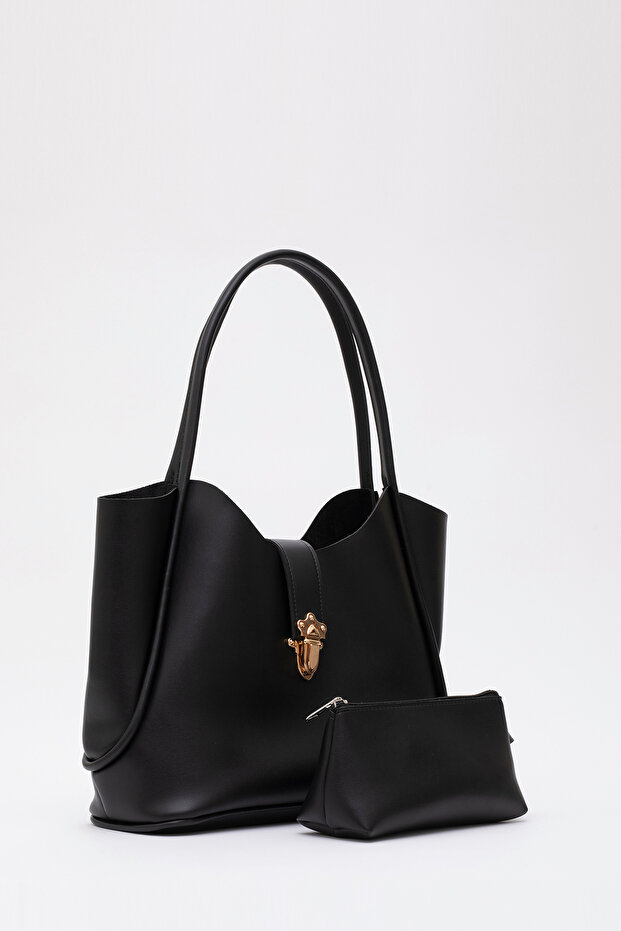Black Shk126 Faux Leather Lock Detailed Makeup Bag Hand, Arm and Shoulder Bag