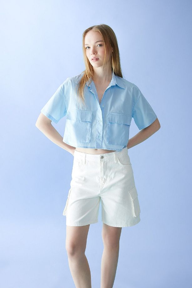 Coool Oversize Geniş Kalıp Cep Detaylı Crop Kısa Kollu Gömlek C0739ax24sp - 3