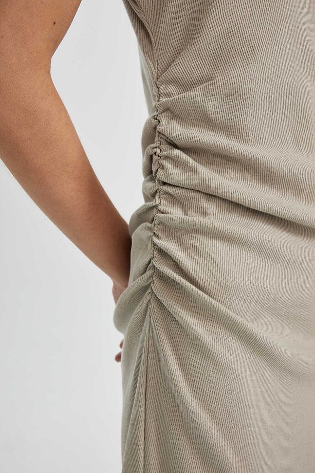 Bodycon Yuvarlak Yaka Basic Düz Fitilli Kaşkorse Kısa Kollu Maxi Elbise C2470ax24sp - 5