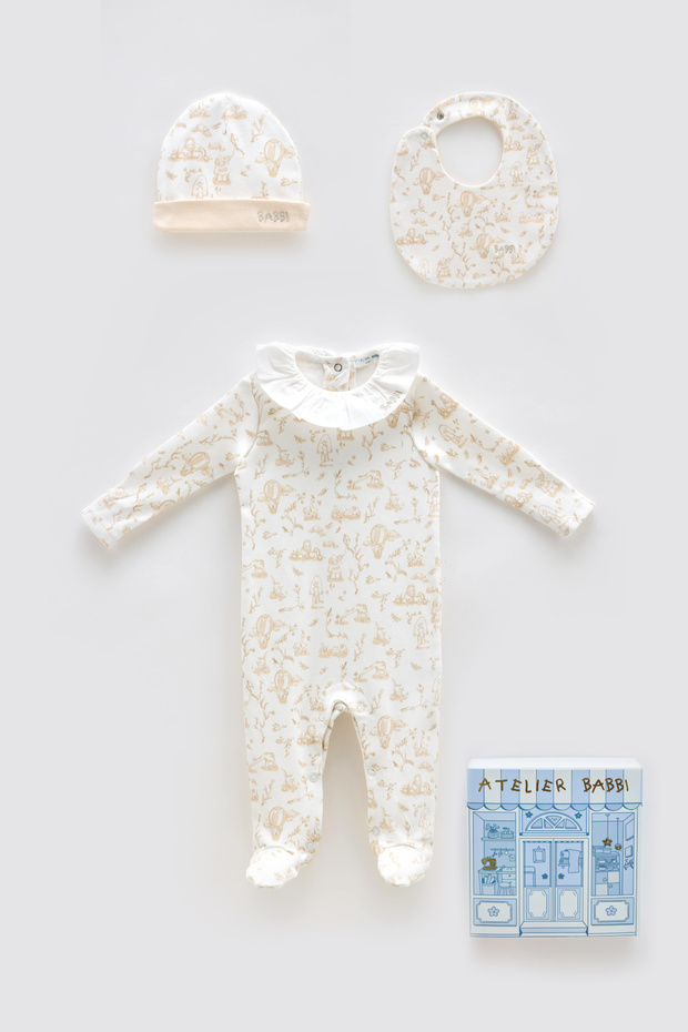 100% Cotton 3-Piece Newborn Set - TOILE DE JOUY/Beige