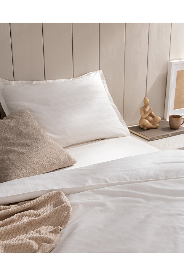 Melicia egyszemélyes pamut csíkos szatén paplanhuzat szett - Ecru - 3