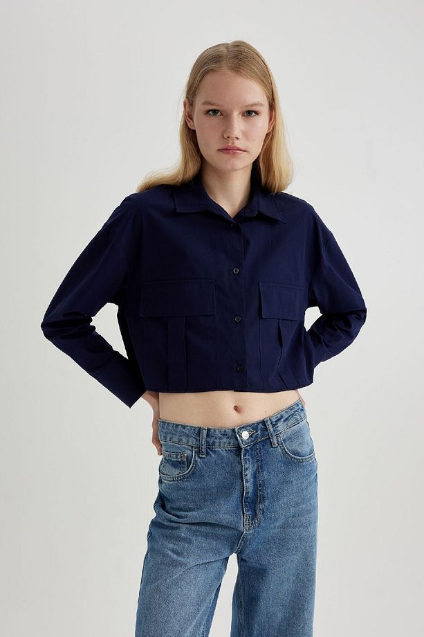 Crop Poplin Basic Düz Uzun Kollu Gömlek C2355ax24sp - 3