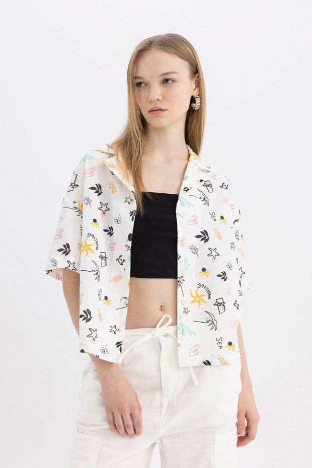 Coool %100 Pamuk Oversize Pijama Yaka Desenli Kısa Kollu Gömlek A6863ax24sm - 4