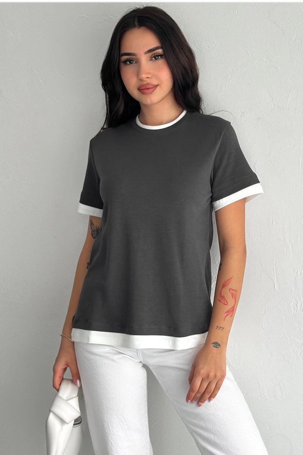Women's Anthracite Round Neck Stripe Detailed 100% Cotton T-Shirt