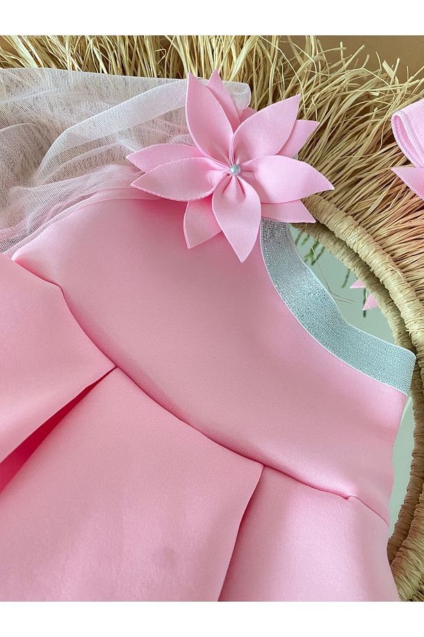 Kız çocuk tek kolu tül pembe çiçekli elbise ve bandana - 3