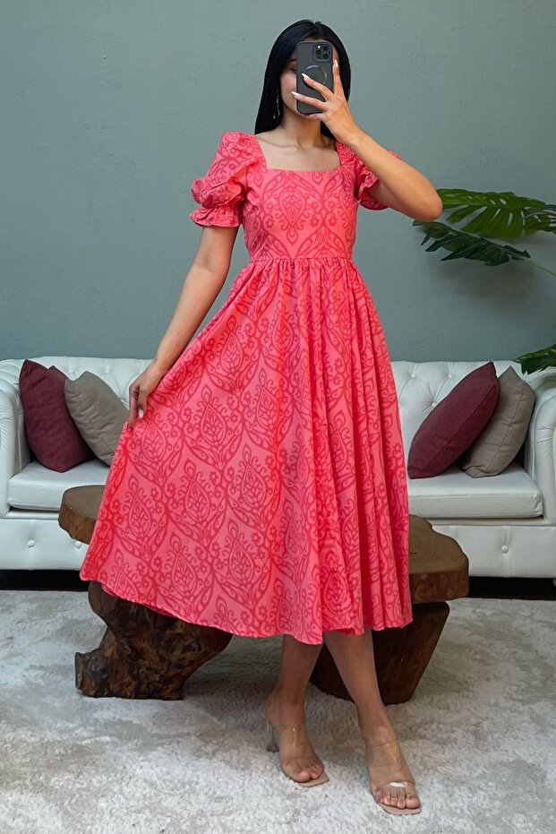 Red Balloon Sleeve Patterned Midi Length Women's Dress Mg2419