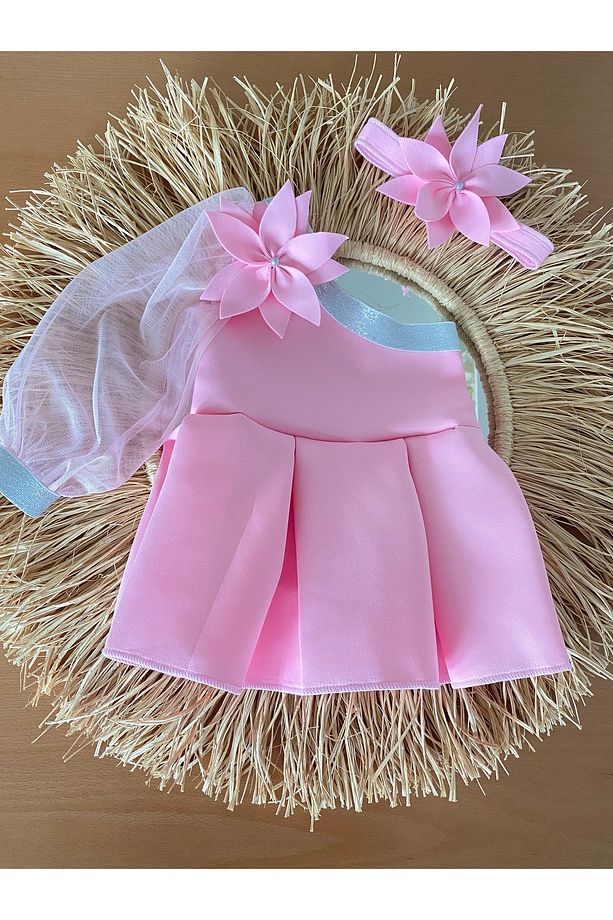 Kız çocuk tek kolu tül pembe çiçekli elbise ve bandana - 1